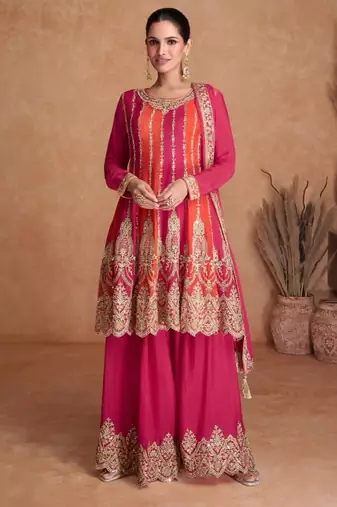 Pure chiffon wedding wear gown in pink color with embroidery work