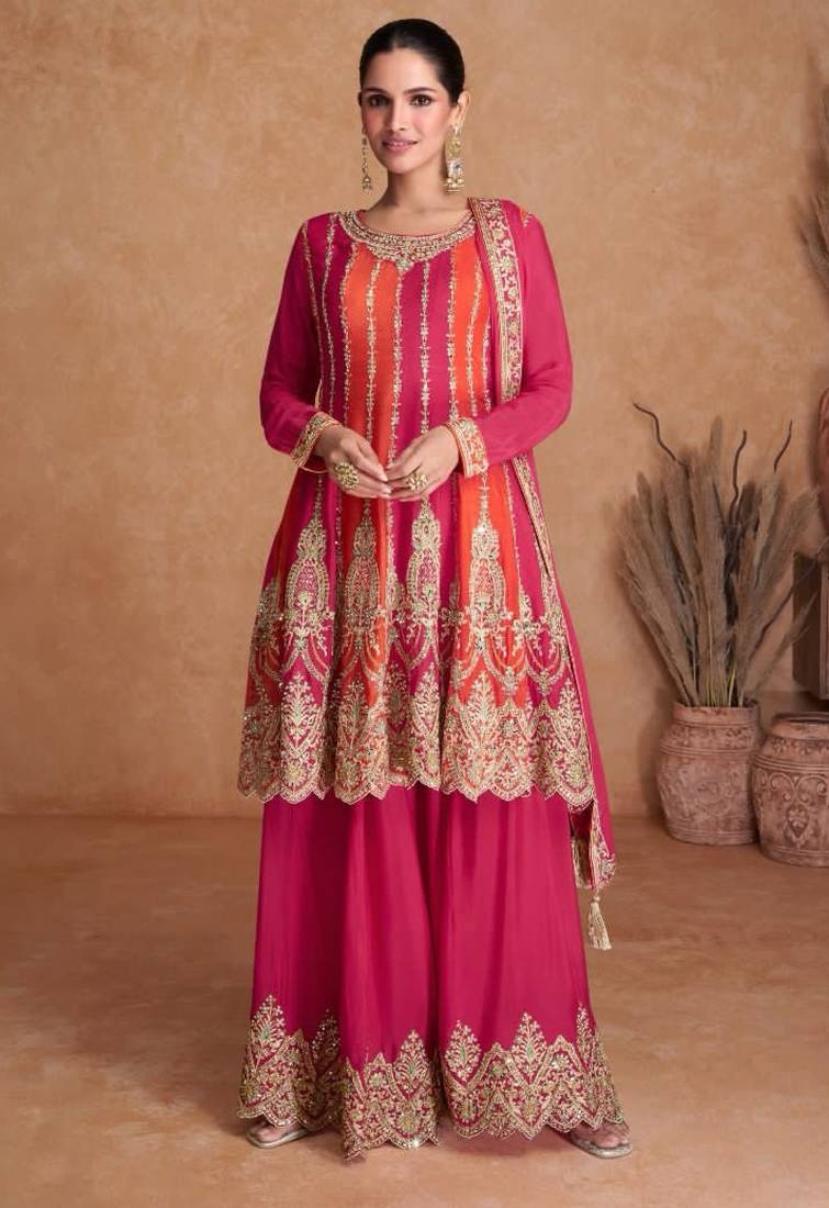 pink chiffon embroidered wedding anarkali set