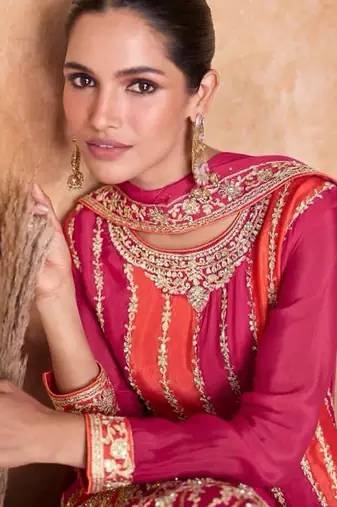 pink chiffon embroidered wedding anarkali set