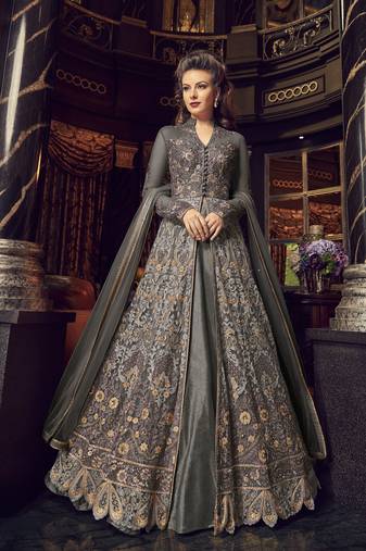 grey net embroidered wedding anarkali gown