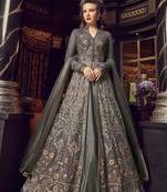 Soft premium net wedding wear gown in grey color with embroidery work