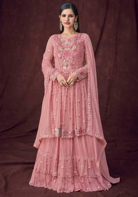 pink georgette embroidered party wear sharara set 1