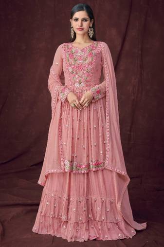 Pure georgette party wear sharara in pink color with embroidery work