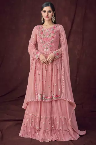 Pure georgette party wear sharara in pink color with embroidery work