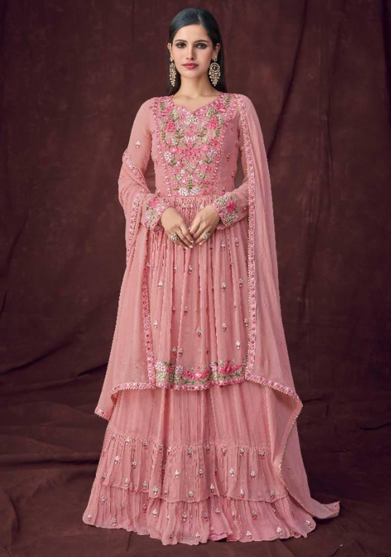 Pure georgette party wear sharara in pink color with embroidery work