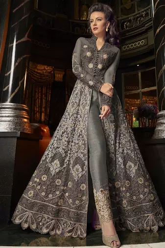grey net embroidered wedding anarkali gown