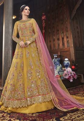 yellow net embroidered wedding anarkali gown 1