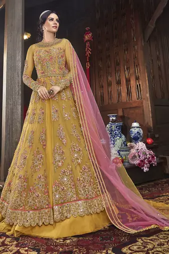 yellow net embroidered wedding anarkali gown