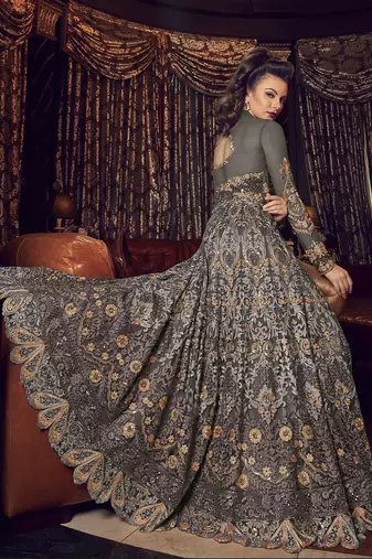 grey net embroidered wedding anarkali gown