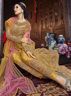 yellow net embroidered wedding anarkali gown 2