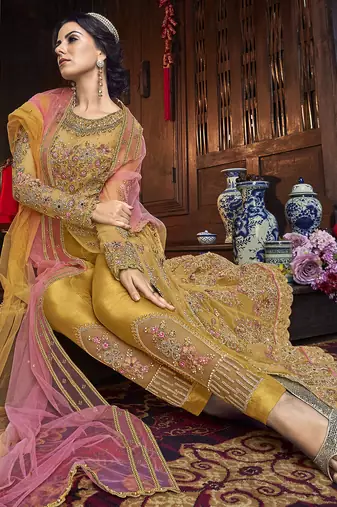yellow net embroidered wedding anarkali gown