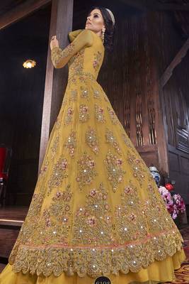 yellow net embroidered wedding anarkali gown 3