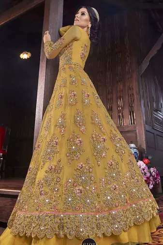 yellow net embroidered wedding anarkali gown
