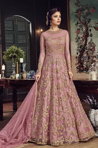 Soft premium net wedding wear gown in pink color with embroidery work