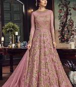 pink soft premium net wedding gown with embroidery work