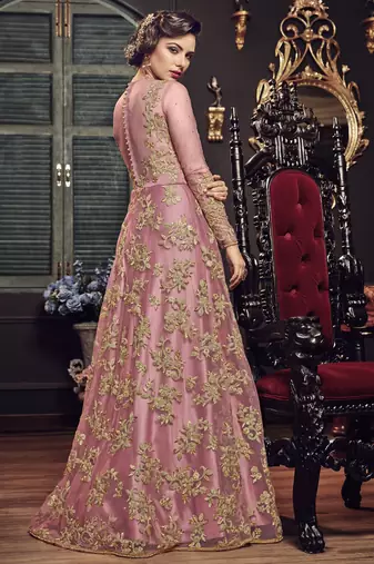 pink soft premium net wedding gown with embroidery work