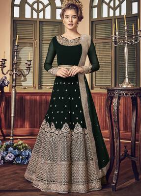 green pure georgette semi stitched party gown with embroidery work 1