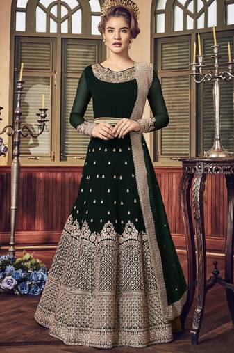 green pure georgette semi stitched party gown with embroidery work