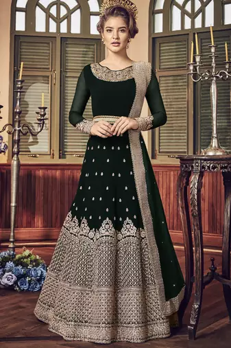 green pure georgette semi stitched party gown with embroidery work