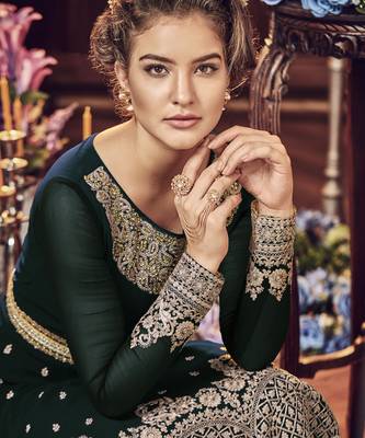 green pure georgette semi stitched party gown with embroidery work 2