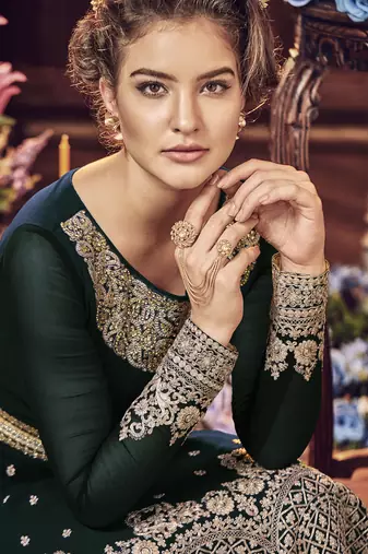 green pure georgette semi stitched party gown with embroidery work