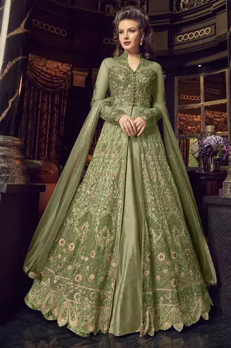 green net embroidered wedding anarkali gown