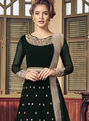 green pure georgette semi stitched party gown with embroidery work 3