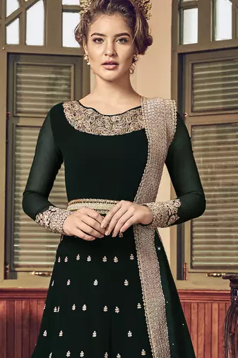 green pure georgette semi stitched party gown with embroidery work