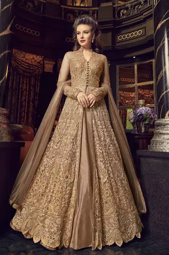 golden net embroidered wedding anarkali gown