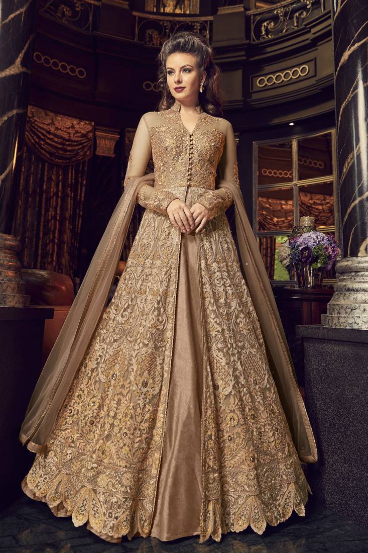 golden net embroidered wedding anarkali gown