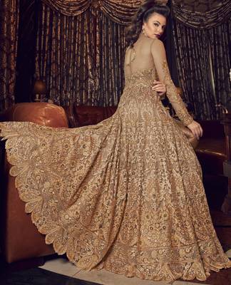 golden net embroidered wedding anarkali gown 2