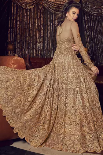 golden net embroidered wedding anarkali gown