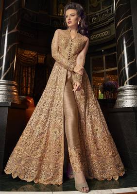 golden net embroidered wedding anarkali gown 3