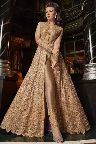 golden net embroidered wedding anarkali gown