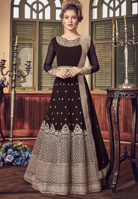 brown pure georgette semi stitched party gown with embroidery work 1