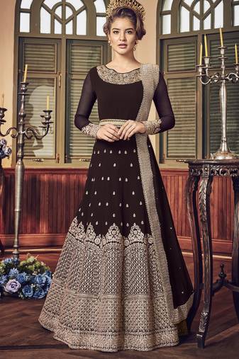 brown pure georgette semi stitched party gown with embroidery work