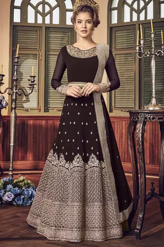 brown pure georgette semi stitched party gown with embroidery work