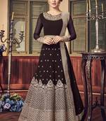brown pure georgette semi stitched party gown with embroidery work