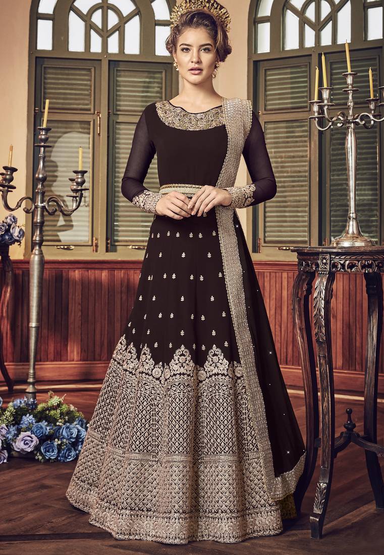brown pure georgette semi stitched party gown with embroidery work