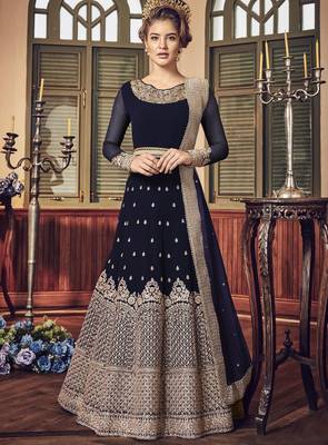 blue pure georgette semi stitched party gown with embroidery work 1