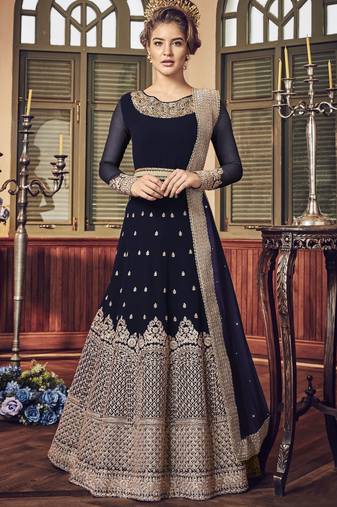 blue pure georgette semi stitched party gown with embroidery work
