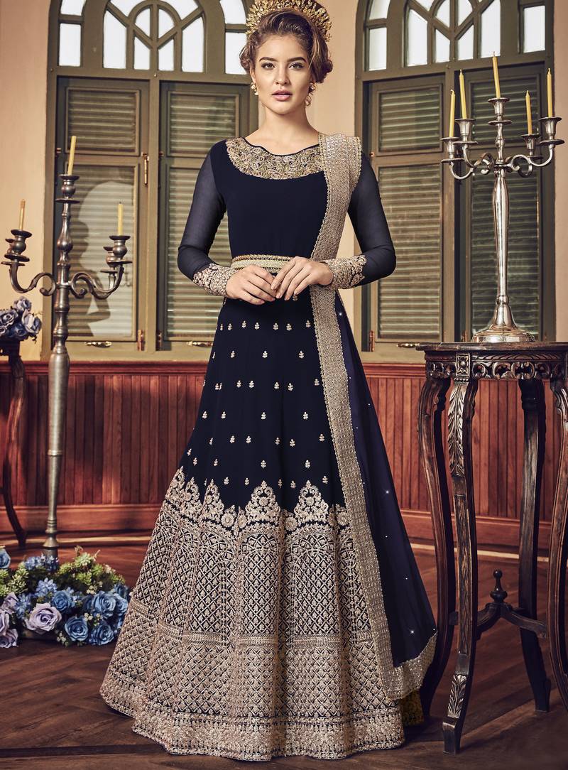 blue pure georgette semi stitched party gown with embroidery work