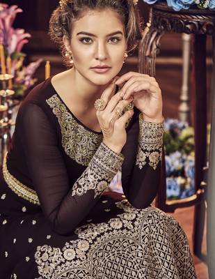 brown pure georgette semi stitched party gown with embroidery work 2