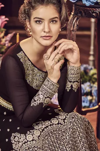 brown pure georgette semi stitched party gown with embroidery work