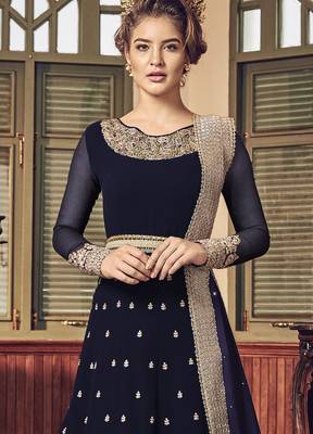 blue pure georgette semi stitched party gown with embroidery work 2