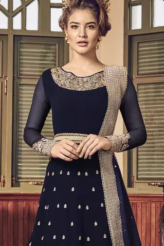 blue pure georgette semi stitched party gown with embroidery work