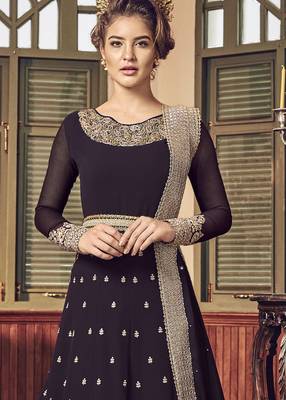 brown pure georgette semi stitched party gown with embroidery work 3