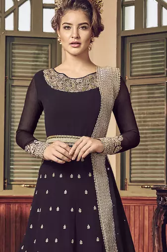 brown pure georgette semi stitched party gown with embroidery work