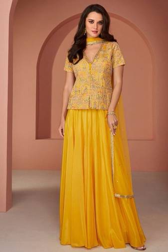 yellow embroidered georgette semi stitched party wear sharara