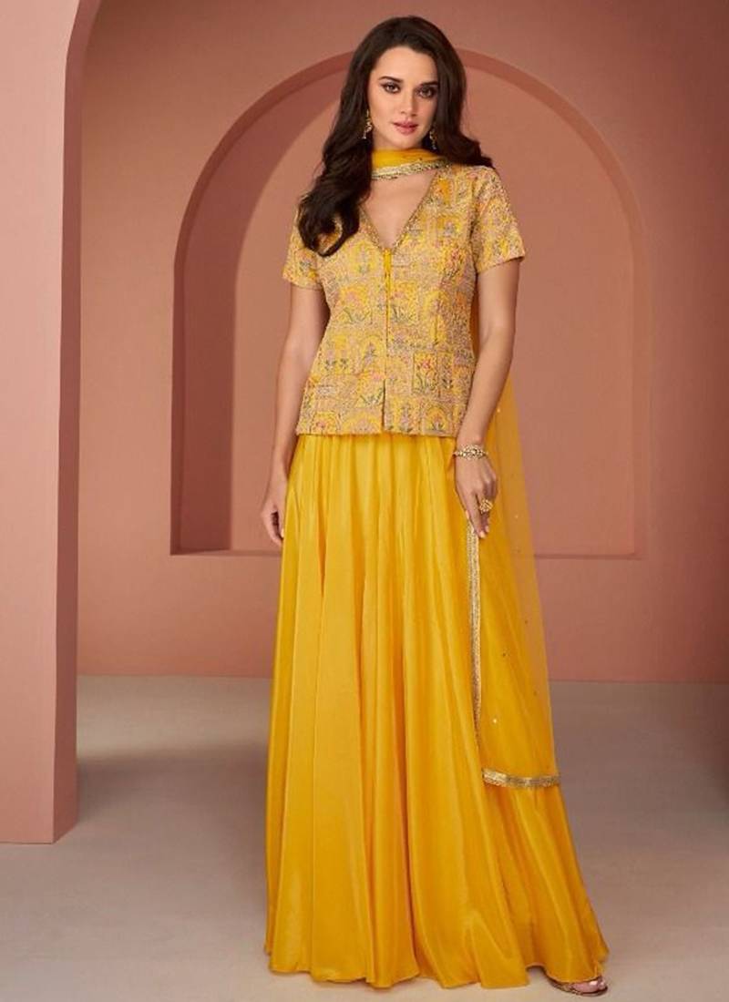 yellow embroidered georgette semi stitched party wear sharara